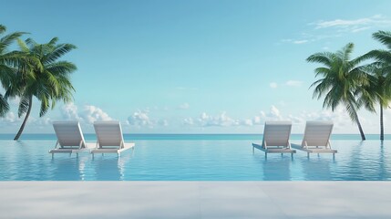 Fototapeta premium A serene infinity pool with lounge chairs overlooks a tranquil ocean, surrounded by palm trees under a clear blue sky.