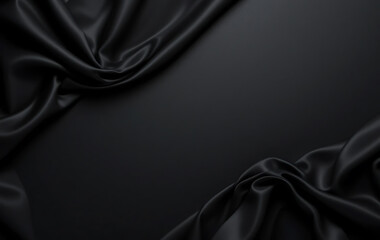 A dark black silk satin background featuring elegant, soft folds gracefully draping across the smooth fabric. A luxurious backdrop with ample copy space for design. Ideal as a wide banner, flat-lay