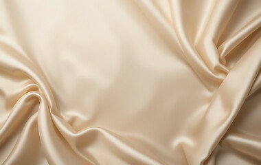 Obraz premium A dark cream silk satin background featuring elegant, soft folds gracefully draping across the smooth fabric. A luxurious backdrop with ample copy space for design. Ideal as a wide banner, flat-lay