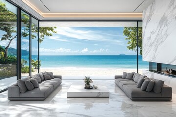 Modern living room with ocean view.