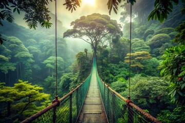 Vintage Monteverde Cloud Forest Bridge: Misty Rainforest Suspension Bridge in Costa Rica Dry Season
