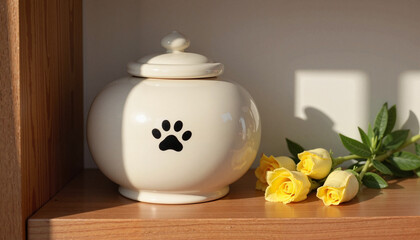 Elegant ceramic urn with paw print beside yellow roses, remembrance
