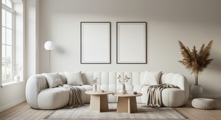 A chic and modern living room featuring a white curved modular sofa styled with round cushions and a soft throw blanket