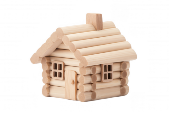 Wooden miniature log cabin model designed with a simple structure, featuring a charming rustic look, suitable for decorative purposes or as a toy for children, isolated on a transparent background