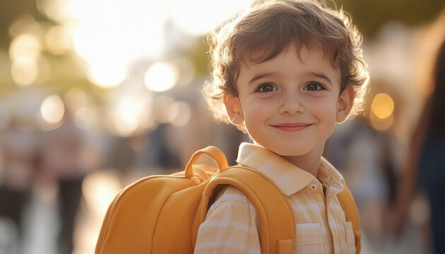 cute little boy with school backpack - Powered by Adobe