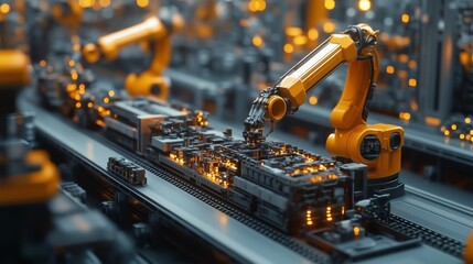 Industrial robots working on building a large-scale factory, seamless automated assembly lines, minimalist aesthetic