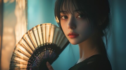 Young woman holding a vintage hand fan, dramatic lighting.