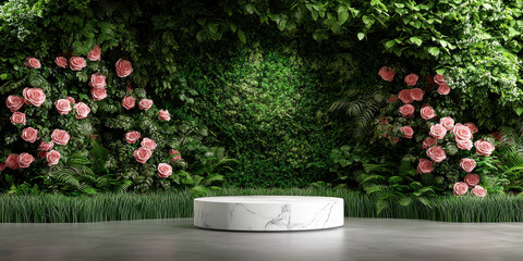 Fototapeta premium A serene display space featuring a white circular podium surrounded by lush greenery and pink roses, ideal for showcasing products or decorations.