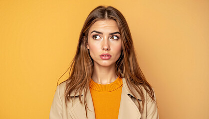 Obraz premium young woman with long brown hair looks thoughtfully to side wearing beige trench coat over orange sweater against muted yellow background