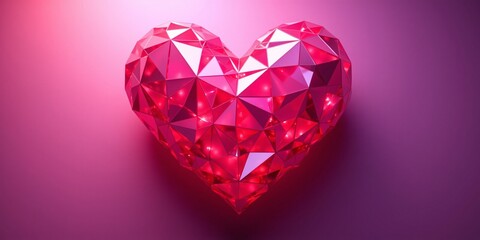 Fototapeta premium A dazzling, crimson facetted heart glows, radiating love and passion against a rich magenta backdrop.