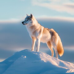 Fototapeta premium Majestic arctic wolf standing on snowy hill at sunset.