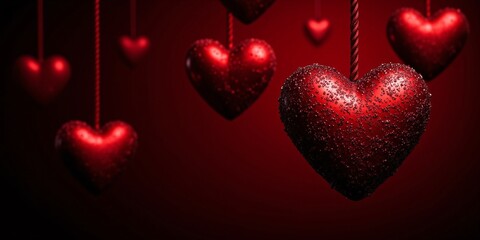Romantic red hearts hanging, glistening with love; a perfect Valentine's Day symbol.