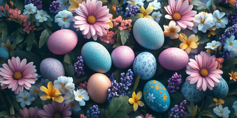 Vibrant Easter composition with colorful eggs nestled among blooming spring flowers. A festive Easter arrangement in pastel and vivid tones
