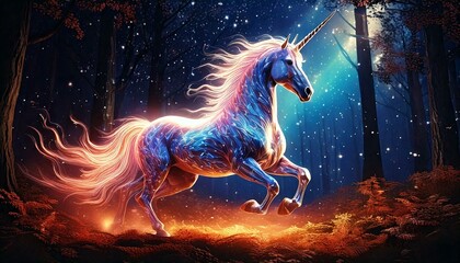 Obraz premium glowing unicorn galloping through a forest of stars.- 