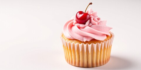 Delightful pink cupcake topped with a juicy cherry, a sweet treat for any occasion.  Enjoy!