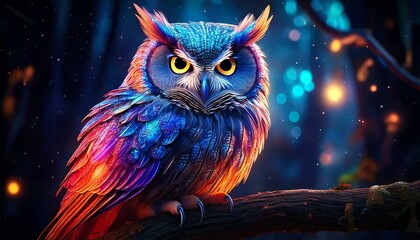 luminescent owl with galaxy-like feathers perched on a branch.- 