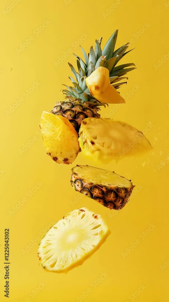 Aufkleber Whole pineapple is levitating and splashing on a vibrant yellow background, with several slices cut and suspended in mid air, creating a dynamic and refreshing visual
