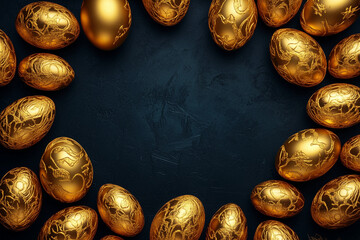 Obraz premium Sophisticated golden Easter eggs with embossed details against a dark backdrop. Ideal for stylish Easter greetings, promotions, and elegant invitations, adding a touch of class to any celebration