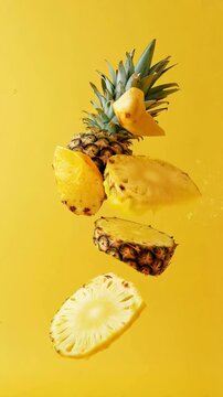 Whole pineapple is levitating and splashing on a vibrant yellow background, with several slices cut and suspended in mid air, creating a dynamic and refreshing visual
