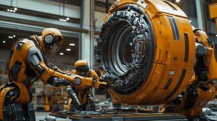 Obraz premium Robots assembling large industrial components at a high-tech fabrication site, smooth motion, futuristic design