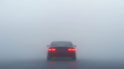 Car Taillights Illuminating Dense Fog on a Rural Road, Evoking Mystery and Atmospheric Depth