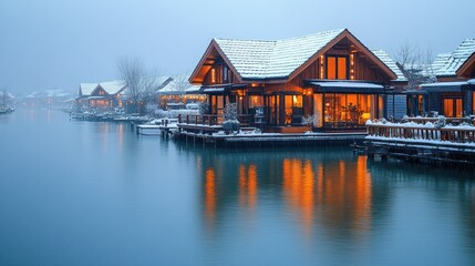 Fototapeta premium Snowy Lakeside Cabins at Dusk: A Winter Wonderland