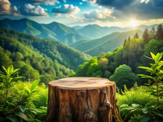 Fototapeta premium Vintage Rustic Stump Table Product Display - Mountain Forest Background