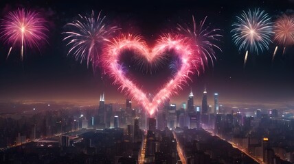 A dazzling Valentine’s Day fireworks display in the shape of a heart above a vibrant city skyline at night.
