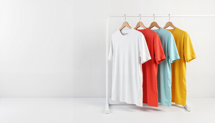 3D T Shirt Mockup In Different Colors on display rack