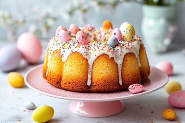 Obraz premium Easter Cake Decorated with Icing and Mini Eggs on a Pink Cake Stand