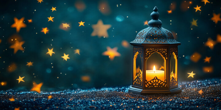 Glowing ornate lantern with candlelight resting on sparkling surface, golden stars framing dark blue background, marking eid al fitr festivity copy space Uraza Bayram