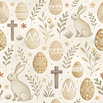 Seamless Easter Pattern &ndash; Geometric Rabbits & Watercolor Eggs in Neutral Beige (Repeatable, 6000x6000 px, Commercial Use)