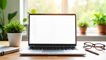 Fototapeta premium Laptop Mockup With Screen Placeholder on wooden desk