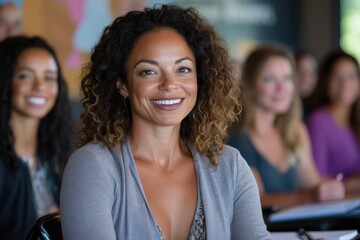 A cheerful woman in a business setting exudes confidence and warmth, engaging with her peers during a professional gathering, showcasing a positive atmosphere.