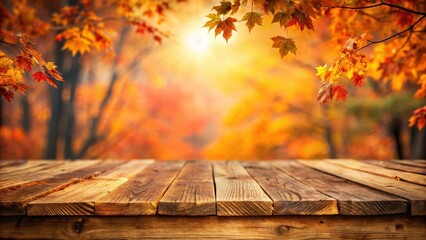 A wooden table set against a blurred autumn background with vibrant orange leaves, showcasing natural tones and textures , wooden table, blurred background