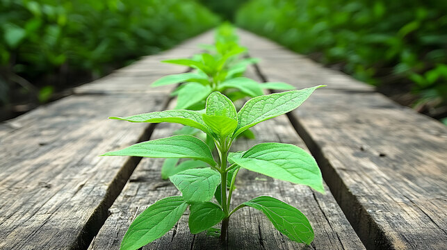 A row of vibrant mint plants grows along a wooden pathway, surrounded by lush greenery, showcasing the beauty of nature and agriculture