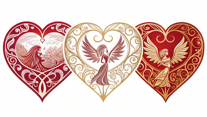The image presents a set of three ornate heart-shaped designs, each featuring a stylized angel figure within.
