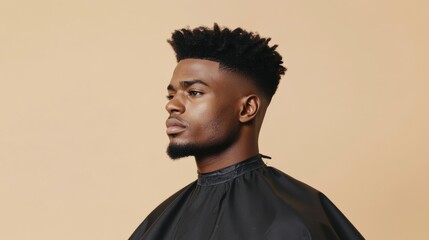 Obraz premium Relaxed Black Man with High Top Fade Haircut in Barber Cape, Luxurious and Stylish Barber Shop Concept
