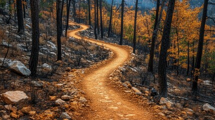 Obraz premium Restored forest trails after wildfire rehabilitation