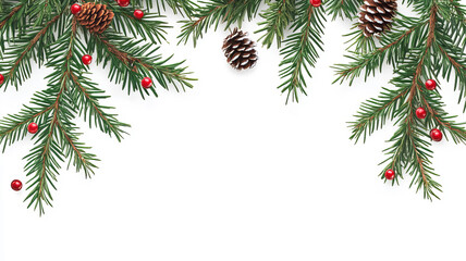 Christmas garland isolated on white background. New Year's decor in the form of green fir branches, balls, cones, stars. Holiday concept. Layout.