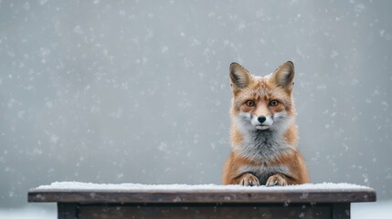 Obraz premium Curious fox resting on snowy table during snowfall