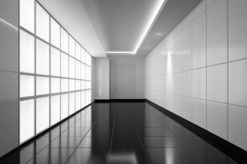 Modern minimalist hallway with glowing panels and black floor.