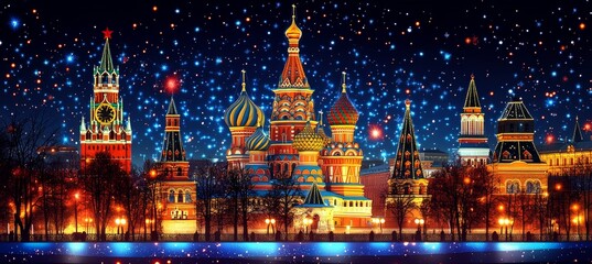 Fototapeta premium Saint Basil Cathedral In Front Of Snowy Night Starry Sky Famous Landmark Of Moscow Russia.