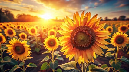 Obraz premium Vintage Sunflowers: Vibrant Yellow Blooms in a Summer Field