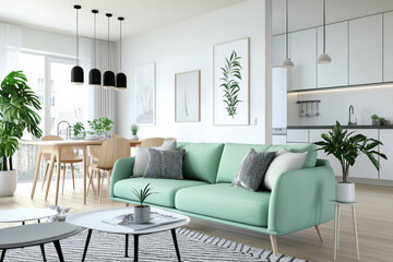 Modern living room with stylish mint green sofa and plants creating a cozy atmosphere.
