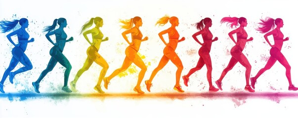 Dynamic silhouette of women running in colorful sequence representing fitness
