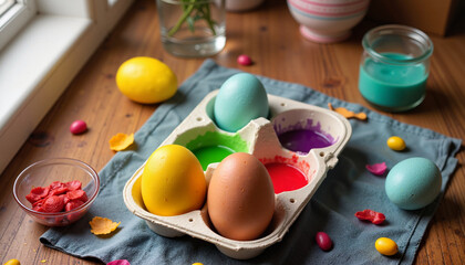 Homemade Easter egg dyes on kitchen counter, festive creativity