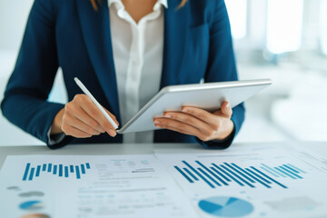 Professional woman analyzing data on a tablet in a modern office environment.