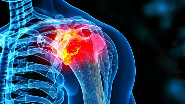 Glowing shoulder joint displayed in hues of orange and blue. Detailed visualization of human shoulder anatomy. Image emphasizes bone and joint health. Medical study focuses on arthritic conditions.