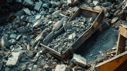 Fototapeta premium Crumbled concrete and debris fill a rusty excavator bucket amidst rubble. Shows demolition, construction waste, or recycling.